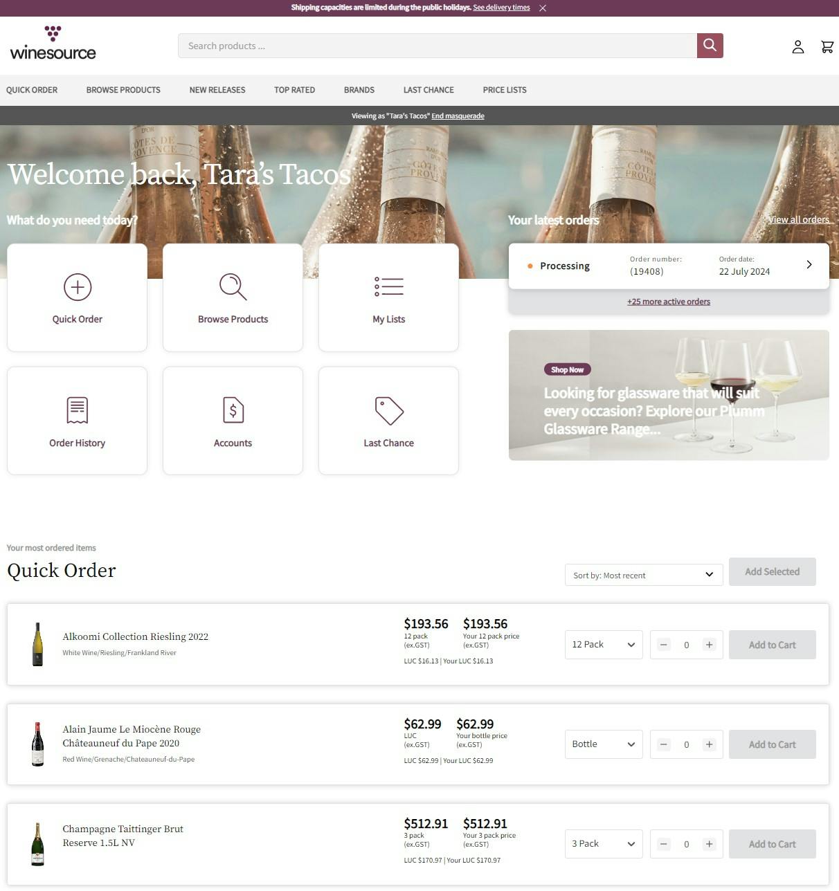 Winesource portal dashboard