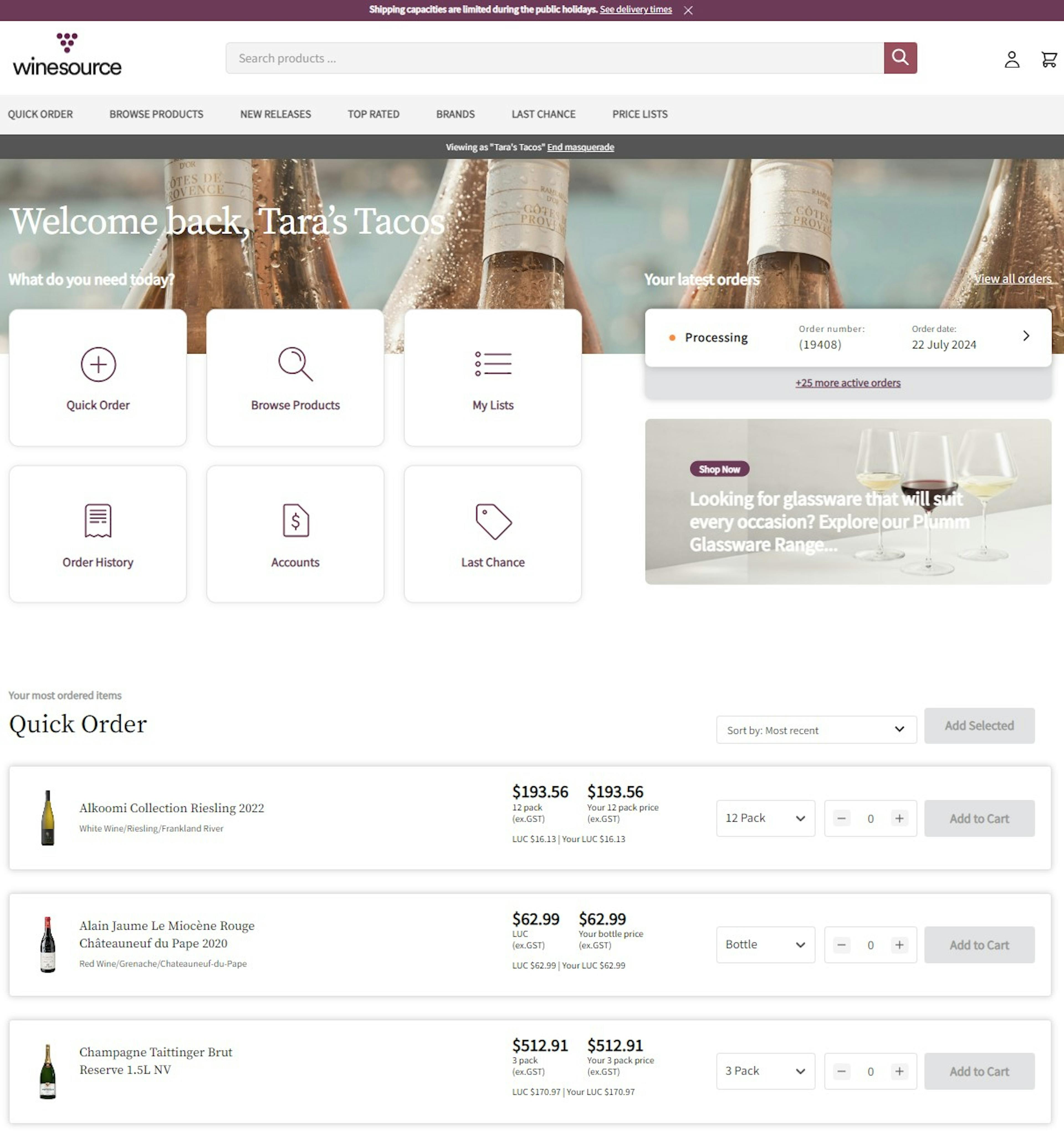 Winesource portal dashboard