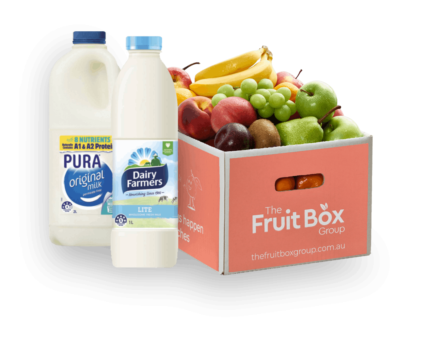 Milk bottles and a box with a range of fruits