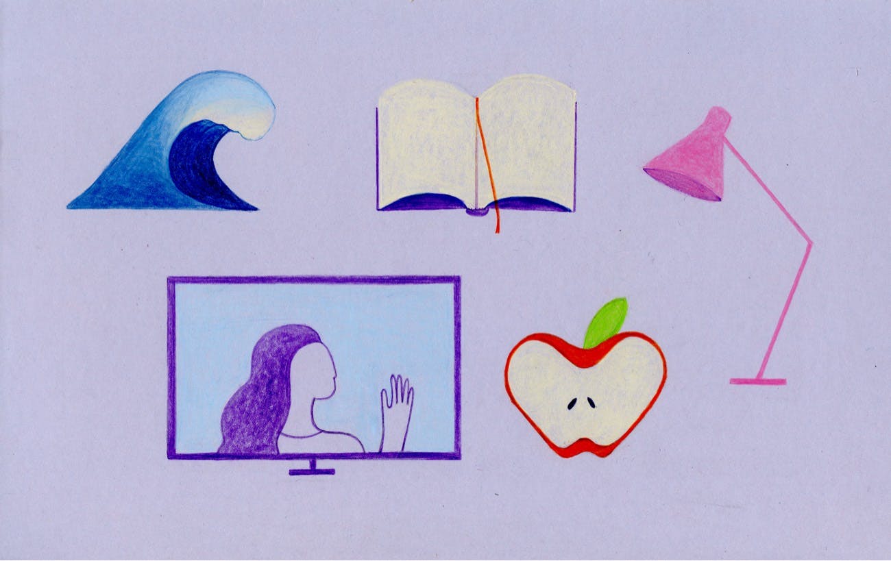 Sketches of a wave, book, lamp, apple, and TV