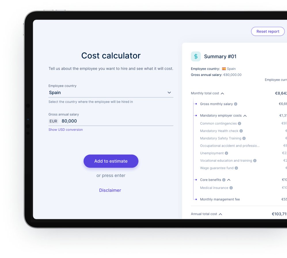 Cost calculator in-platform