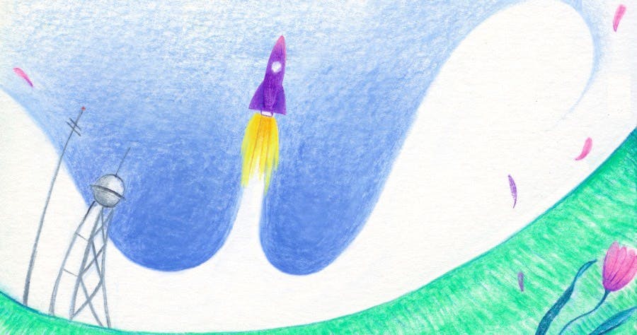 Watercolor of a rocket flying up from a field