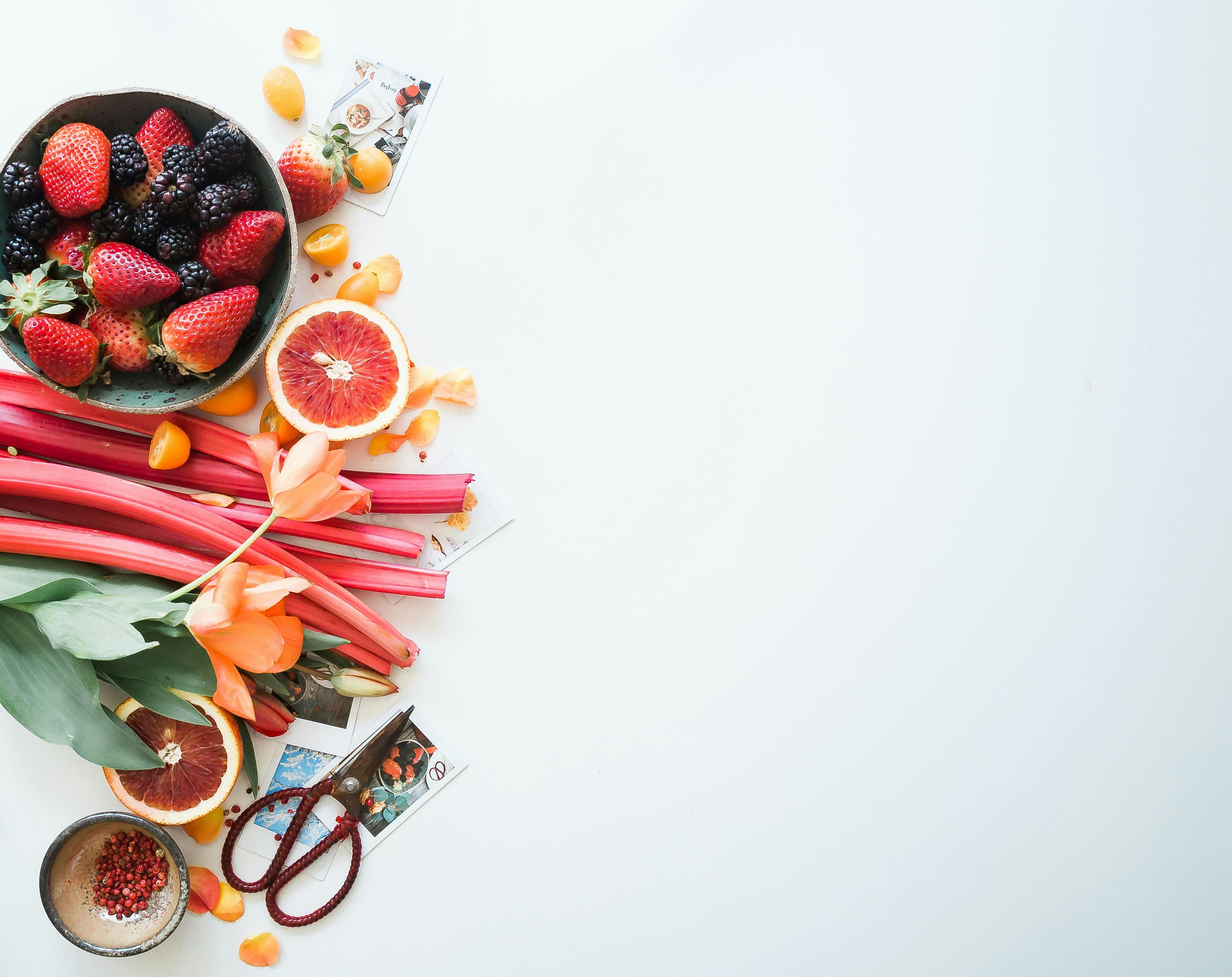 fruits and vegetables on a white table