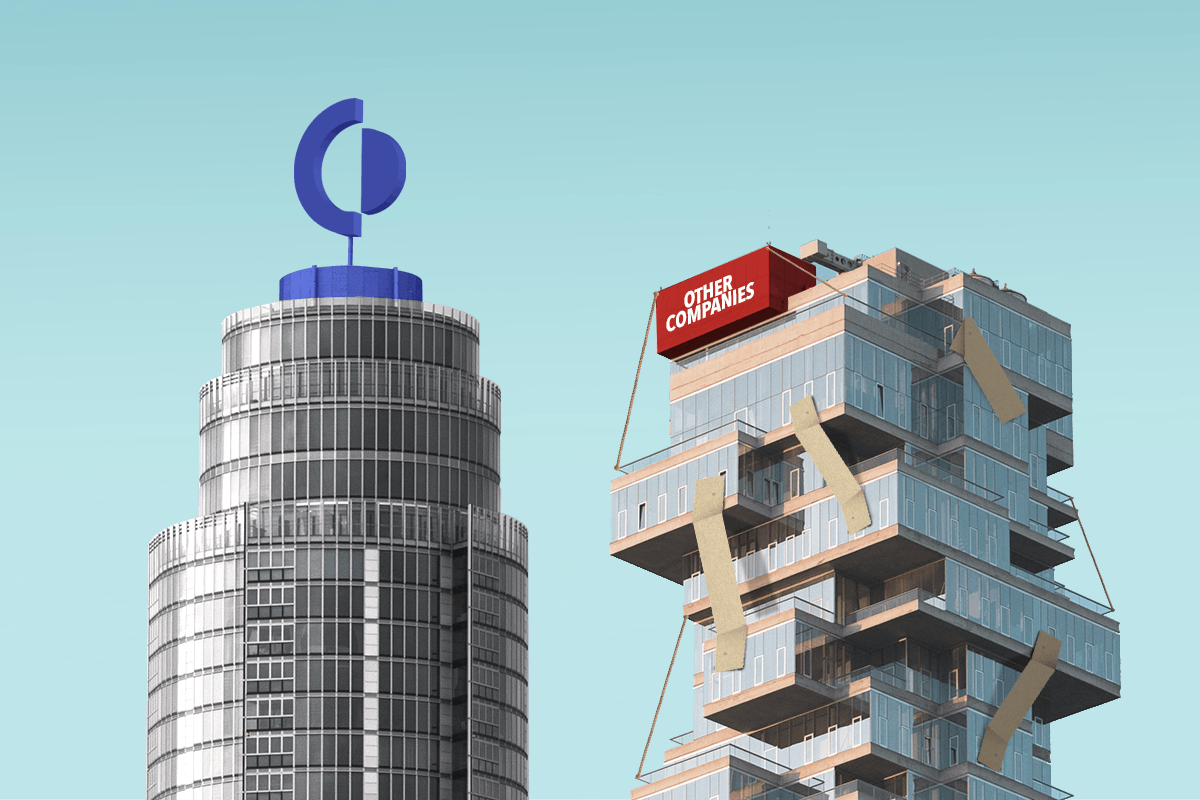 Sleek building compared to poorly constructed building