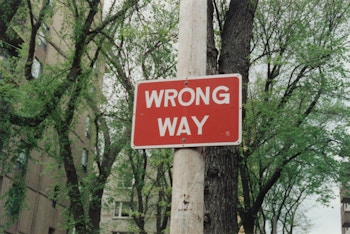 A wrong way sign among trees tells you to consider your approach!