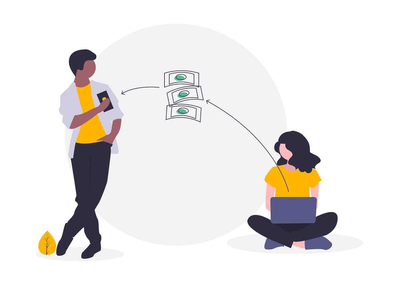 A standing man and a woman on a laptop exchange money