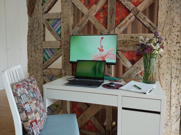 colorful home office with white desk