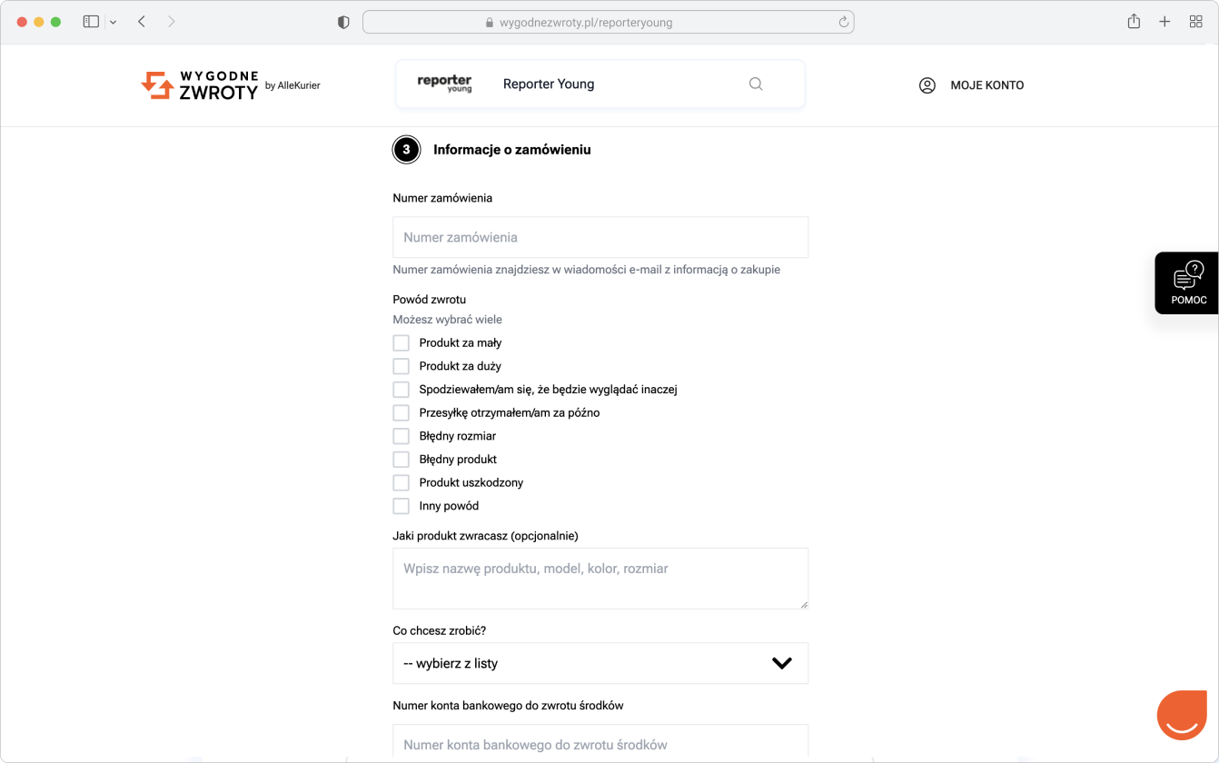 Formularz zwrotu online w usłudze Wygodne Zwroty