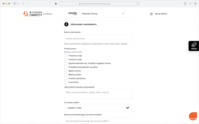 Formularz zwrotu online w usłudze Wygodne Zwroty