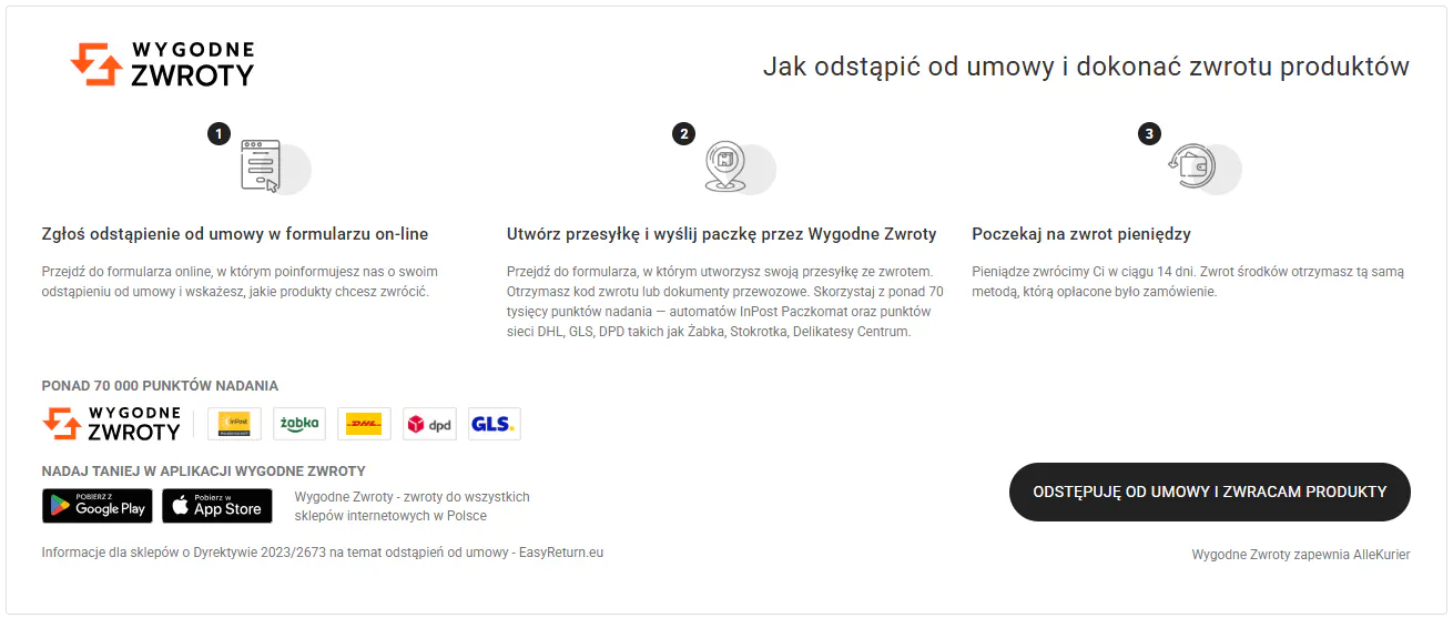 Orteo - baner Wygodne Zwroty na stronie sklepu (odstąpienie od umowy)