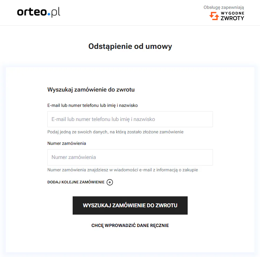 Orteo - wyszukaj zamówienie do zwrotu (formularz)
