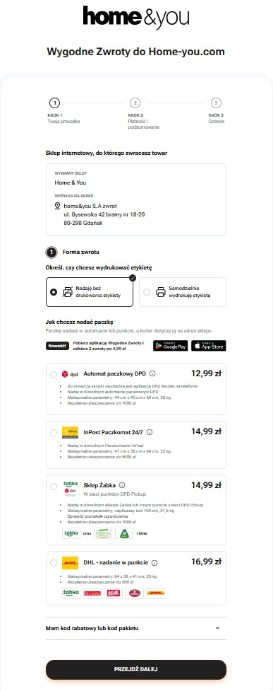 Home & You - formularz zwrotu online, Wygodne Zwroty