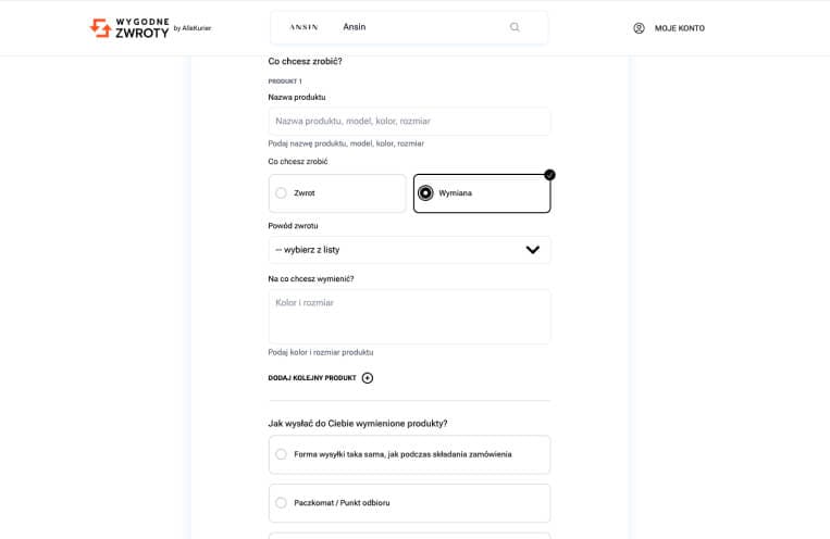 Ansin.pl - formularz zwrotu lub wymiany towaru