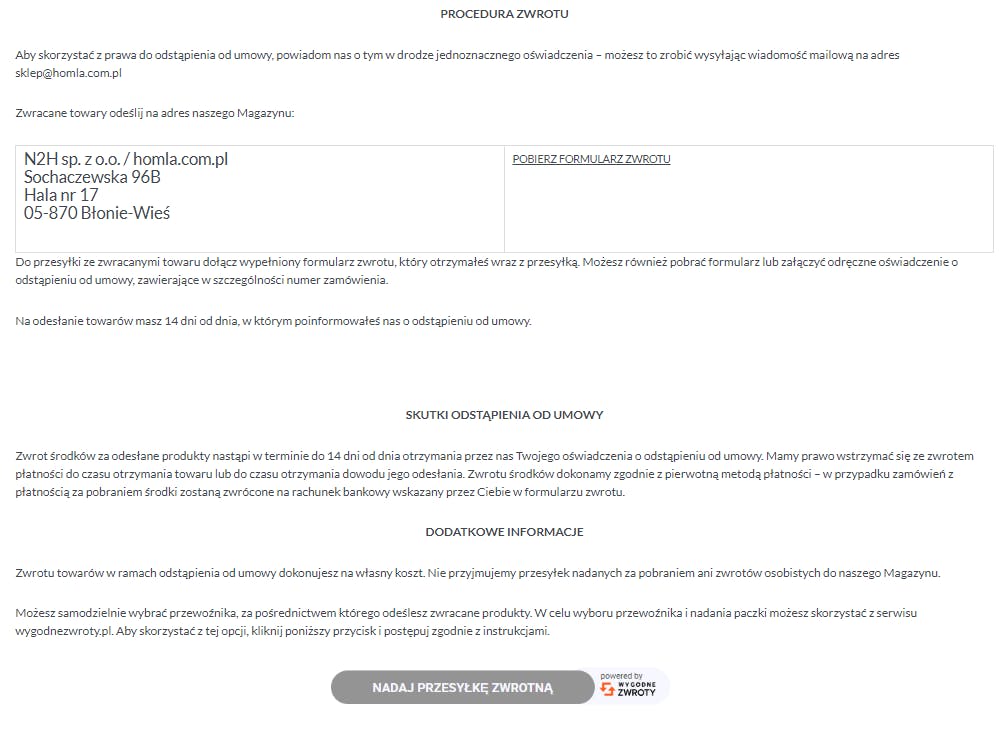 HOMLA - przycisk Wygodne Zwroty na stronie WWW