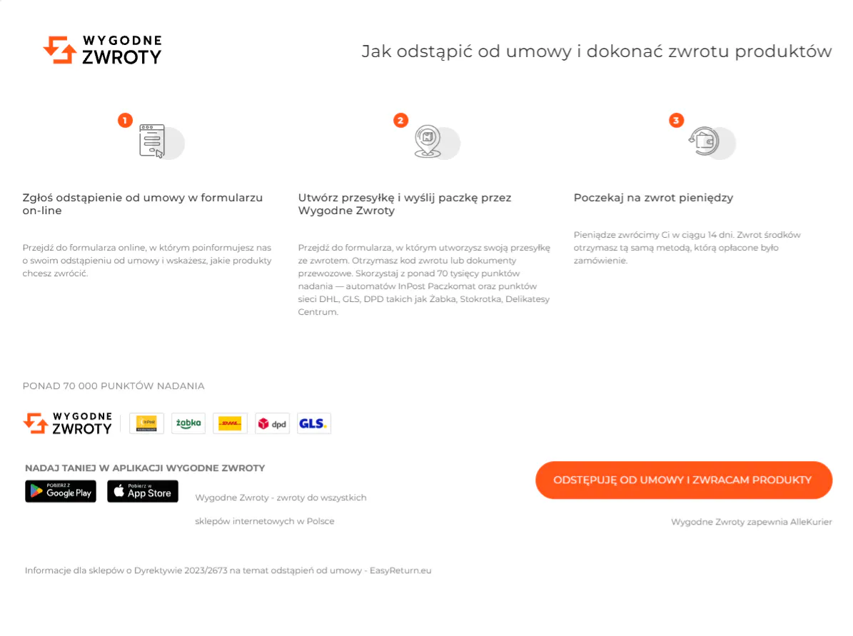 Przycisk odstąpienia od umowy w interfejsie sklepu internetowego - usługa Wygodne Zwroty
