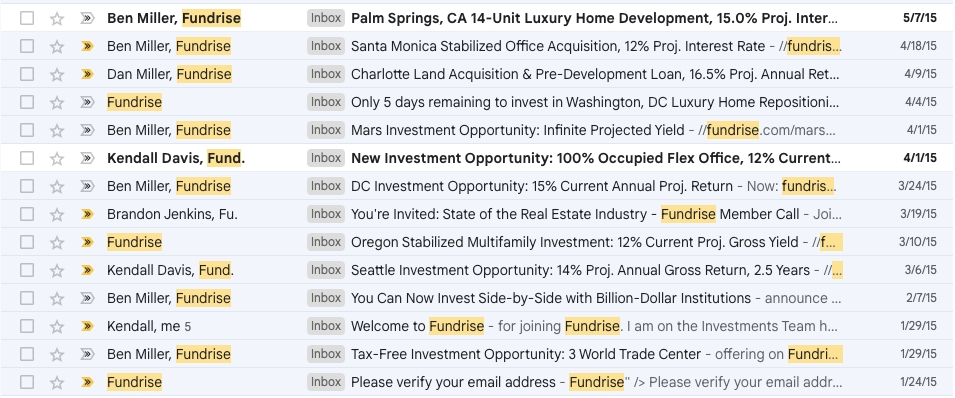 Old Fundrise emails from 2015, allowing investment into individual projects