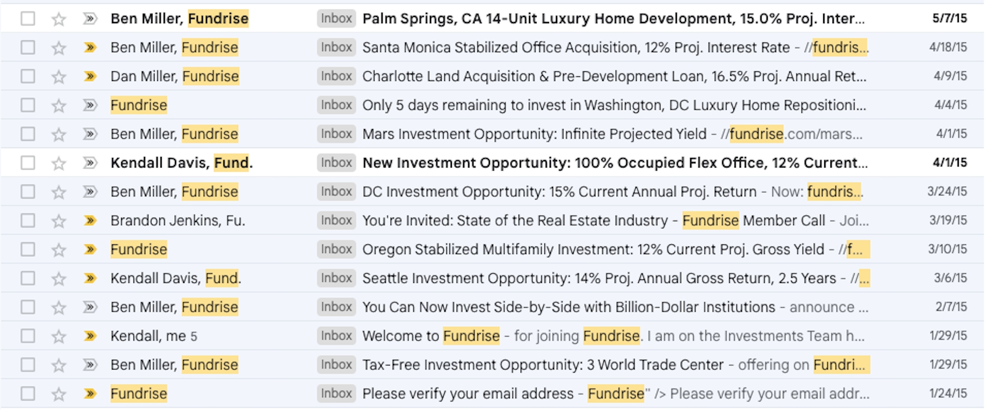 Old Fundrise emails from 2015, allowing investment into individual projects