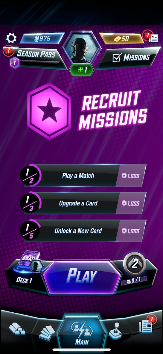 The first time Marvel Snap presents the Lobby, after several tutorial rounds.