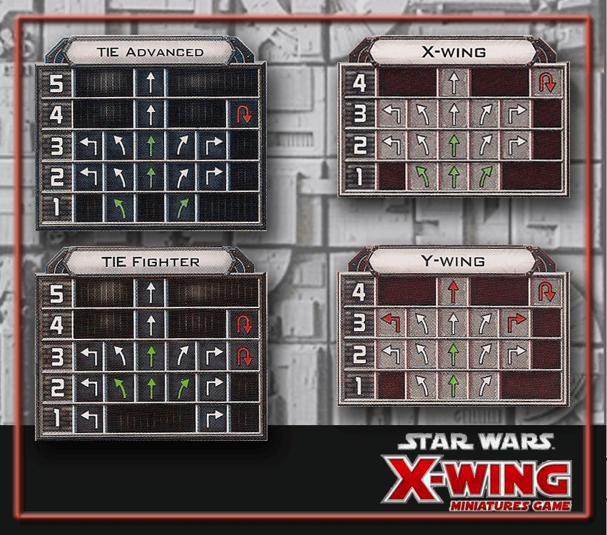 Available movements of select ships (Star Wars X-Wing).