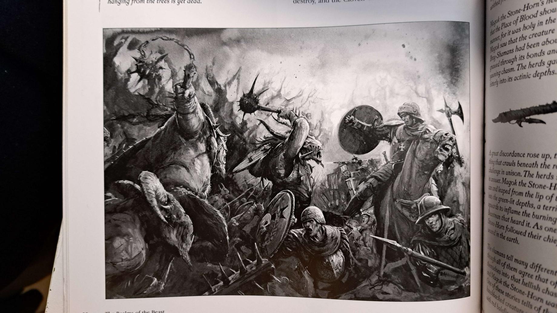 A black and white artwork from the Beastmen fantasy armies book.