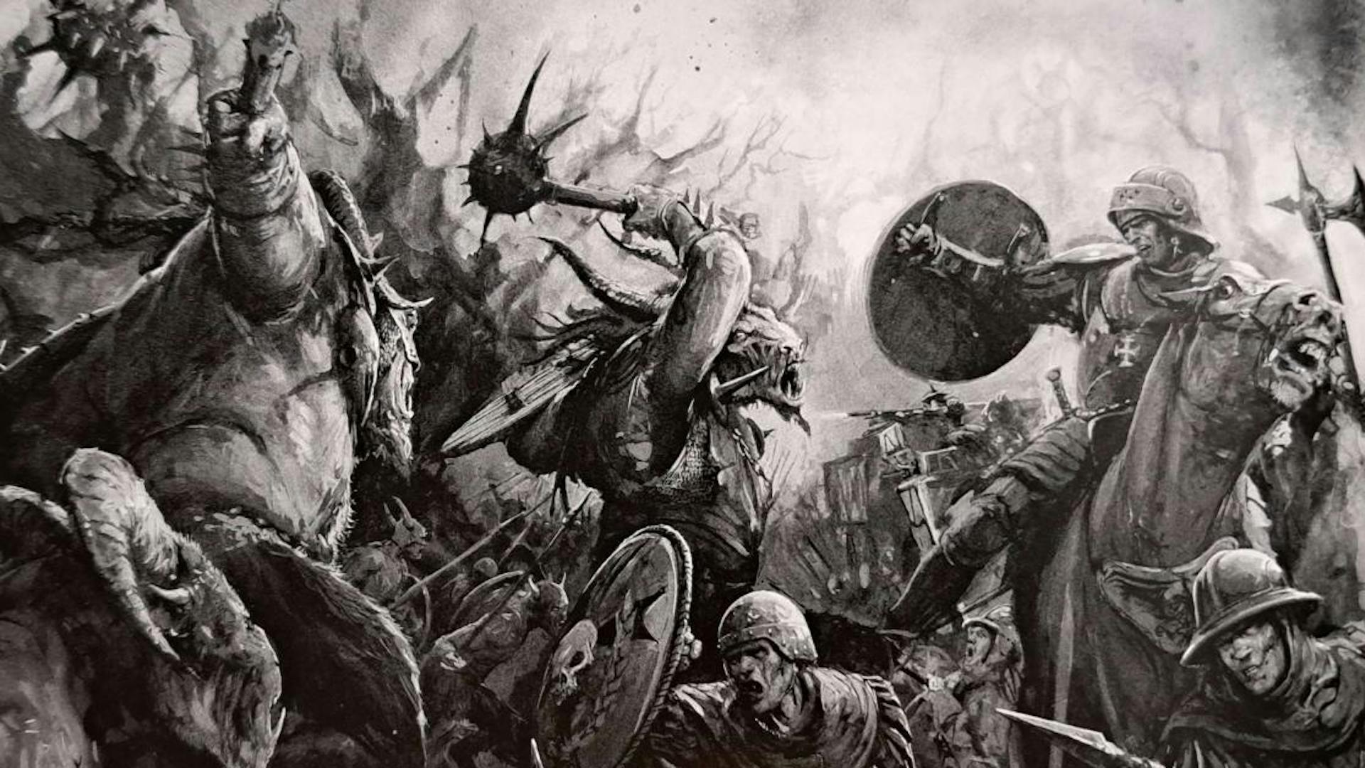 A black and white artwork from the Beastmen fantasy armies book.