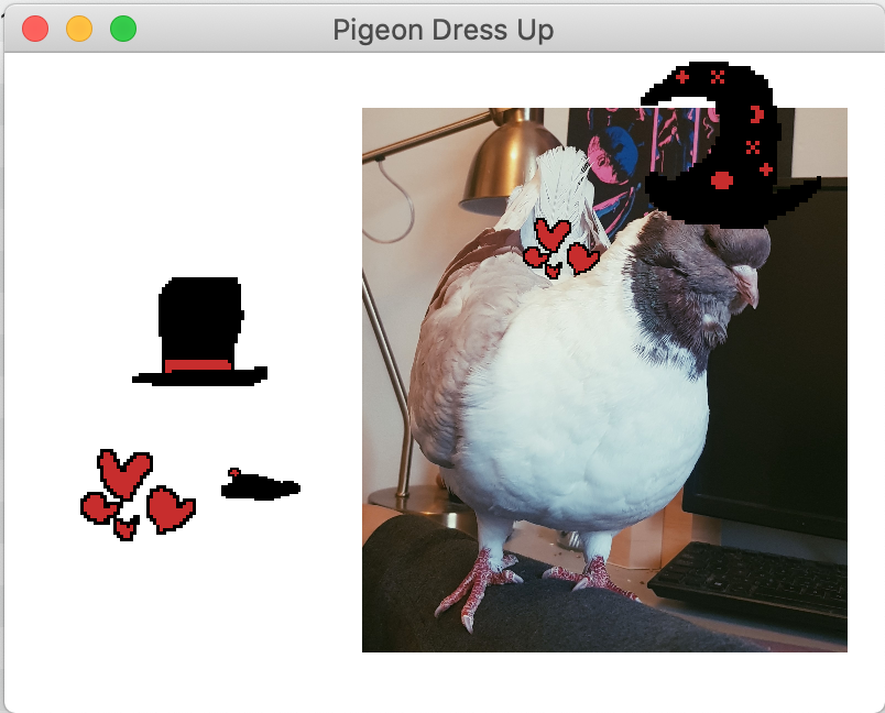 Pigeon Dress Up toy, with a modena pigeon and pixel art hats
