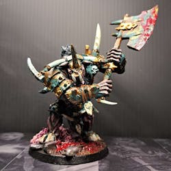 A doombull with worn oxidized copper armor and axe. Accents of gold metal. A dark brown skin. A red gorey base with jagged stones.