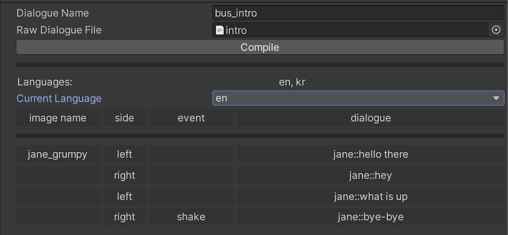 A unity editor that contains dialogue information, such a file it's coming from, a button to compile, and then a list of dialogue lines.