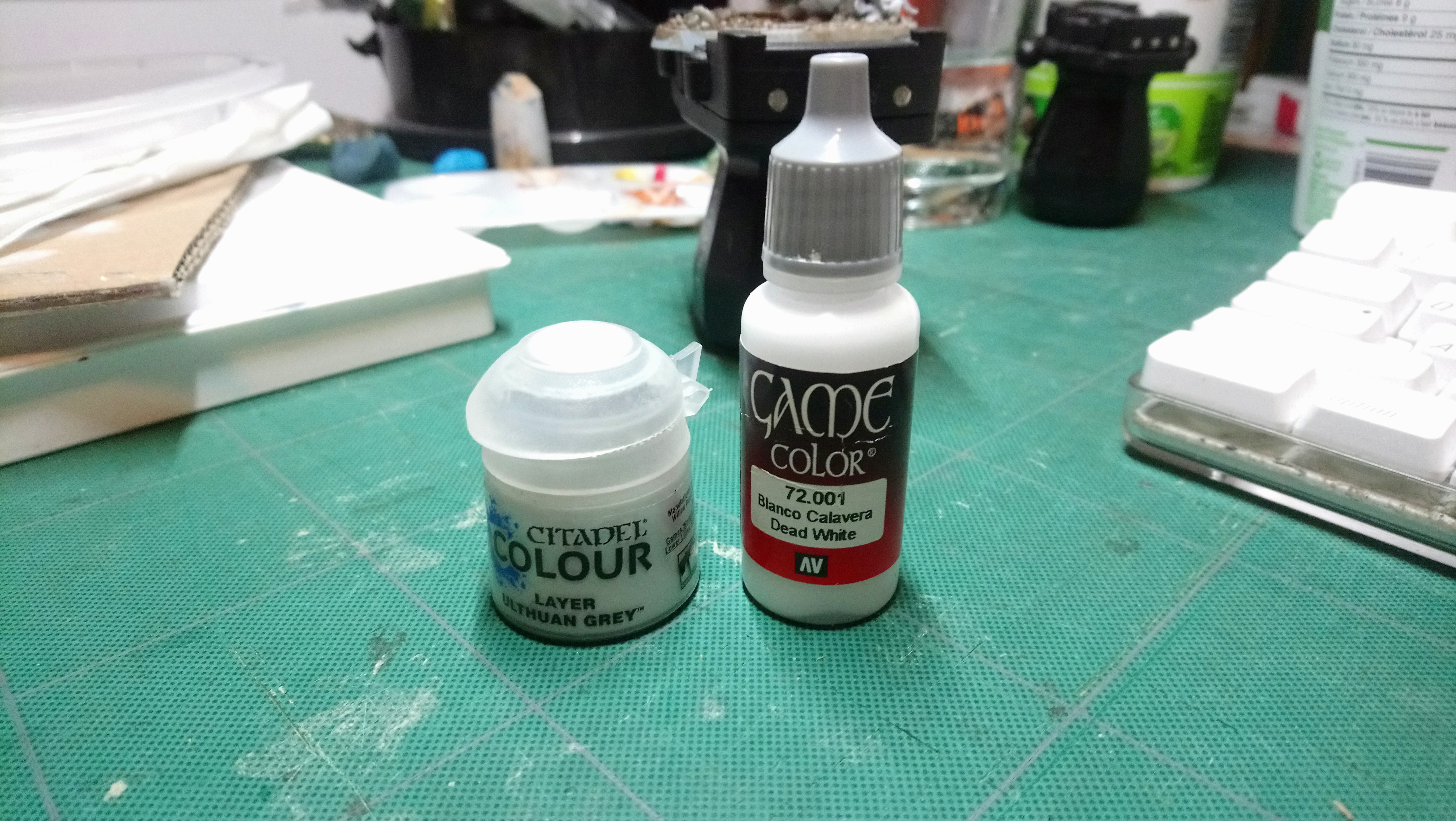 Citadel colour Ulthuan Grey, and Game Color Dead White