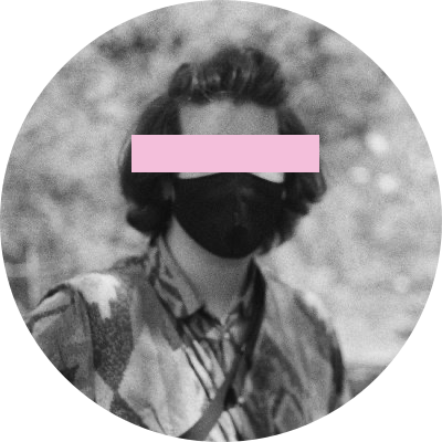 A black and white photo of the creator, with a pink rectangle over their eyes.