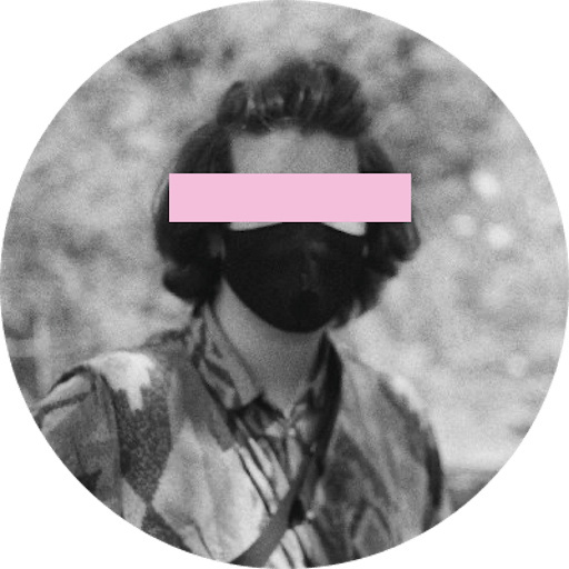 A black and white photo of the creator, with a pink rectangle over their eyes.