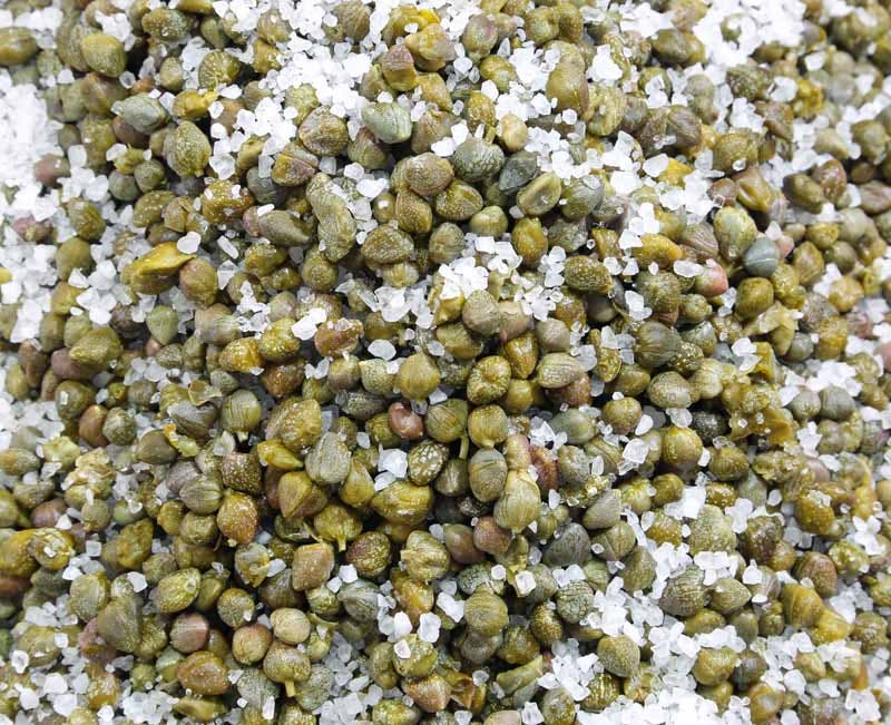 macro of capers with rock salt