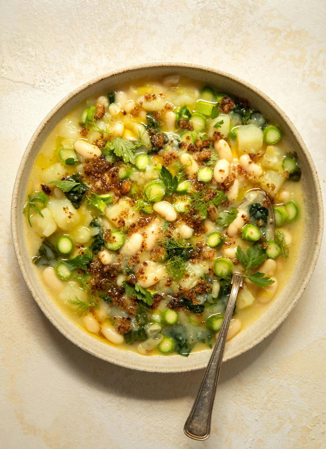 spring stew in beige bowl