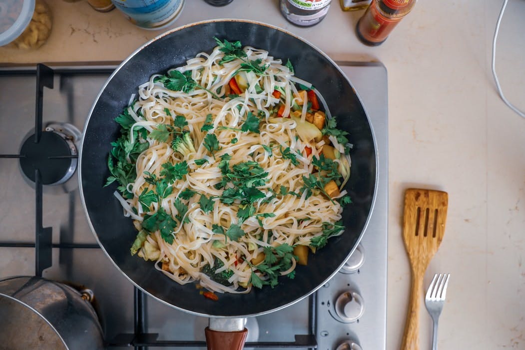 tofu and noodles in a pan