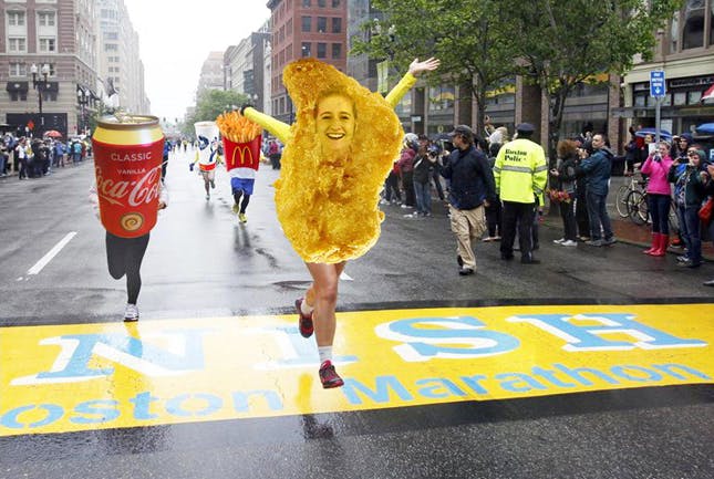 Nugget with legs and face photoshopped on running a marathon