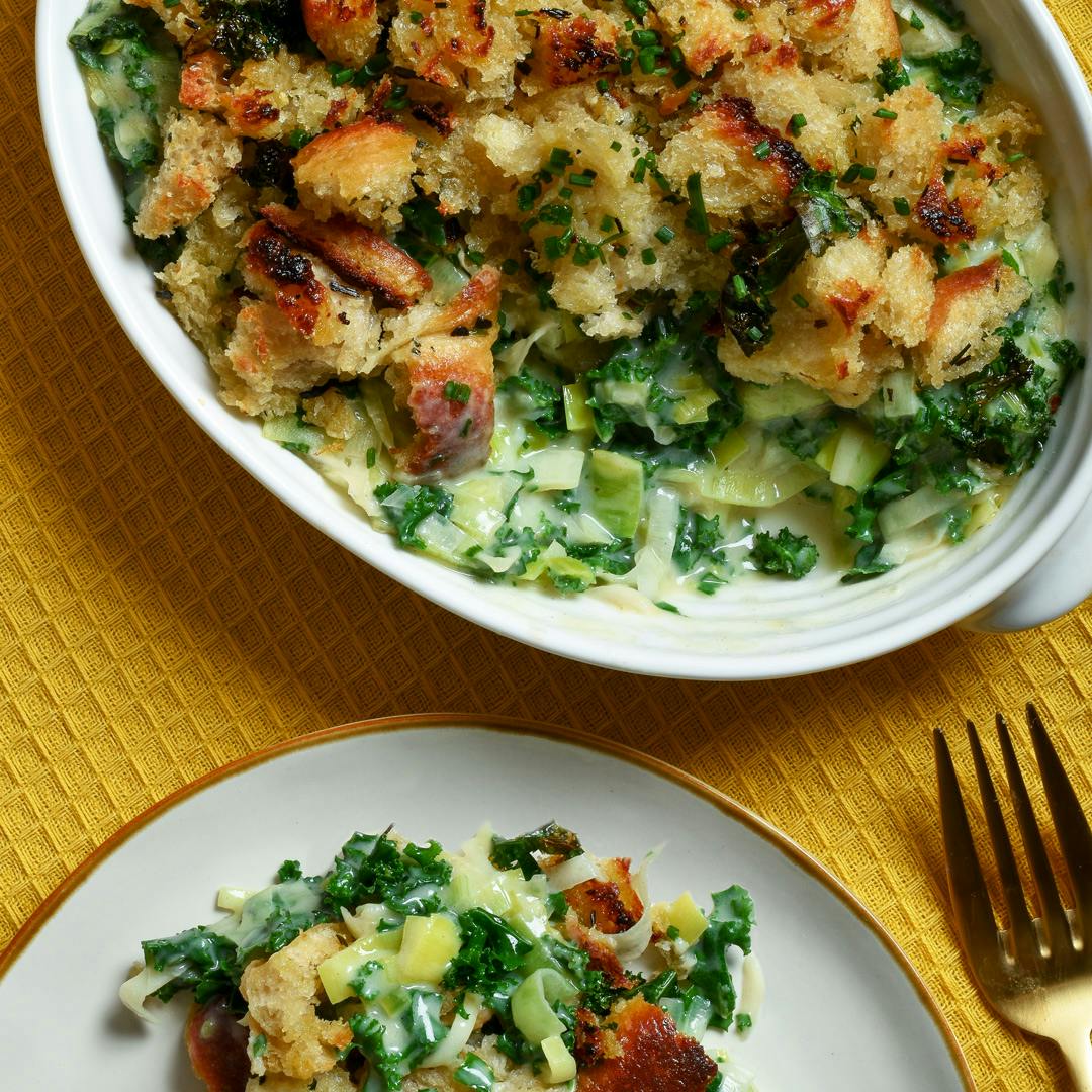 kale and leek bake in dish