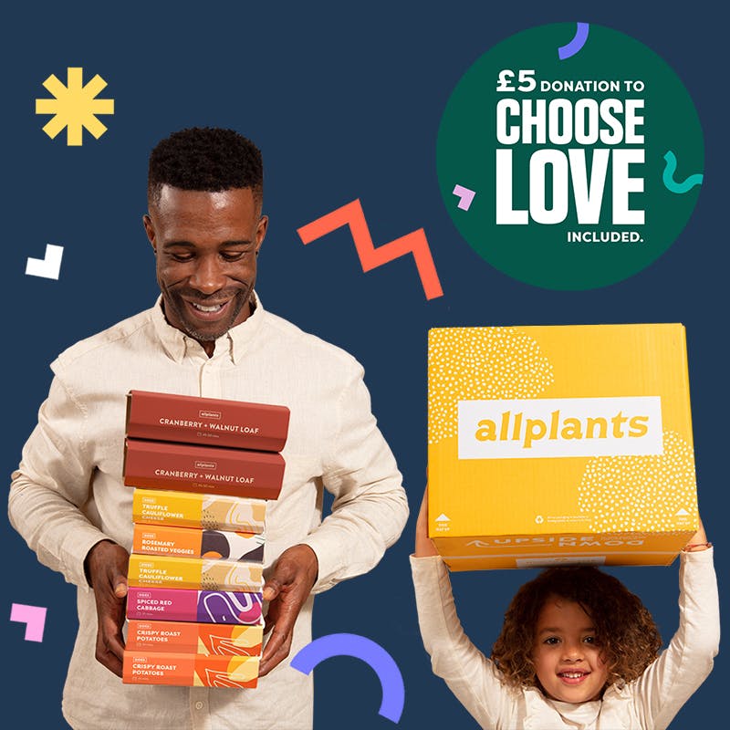 Family with allplants feast box and choose love badge