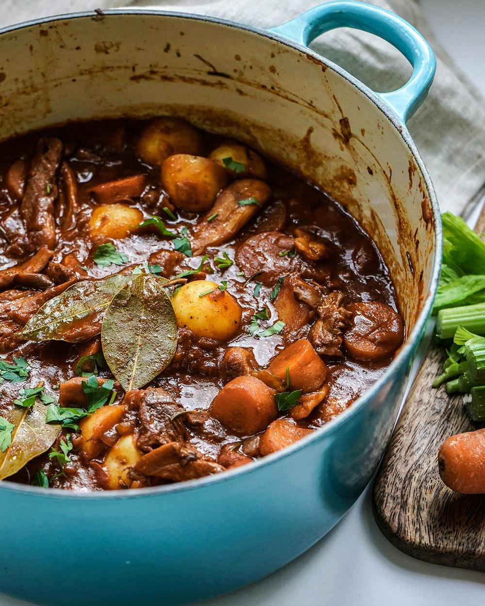 vegan no beef stew in blue pot
