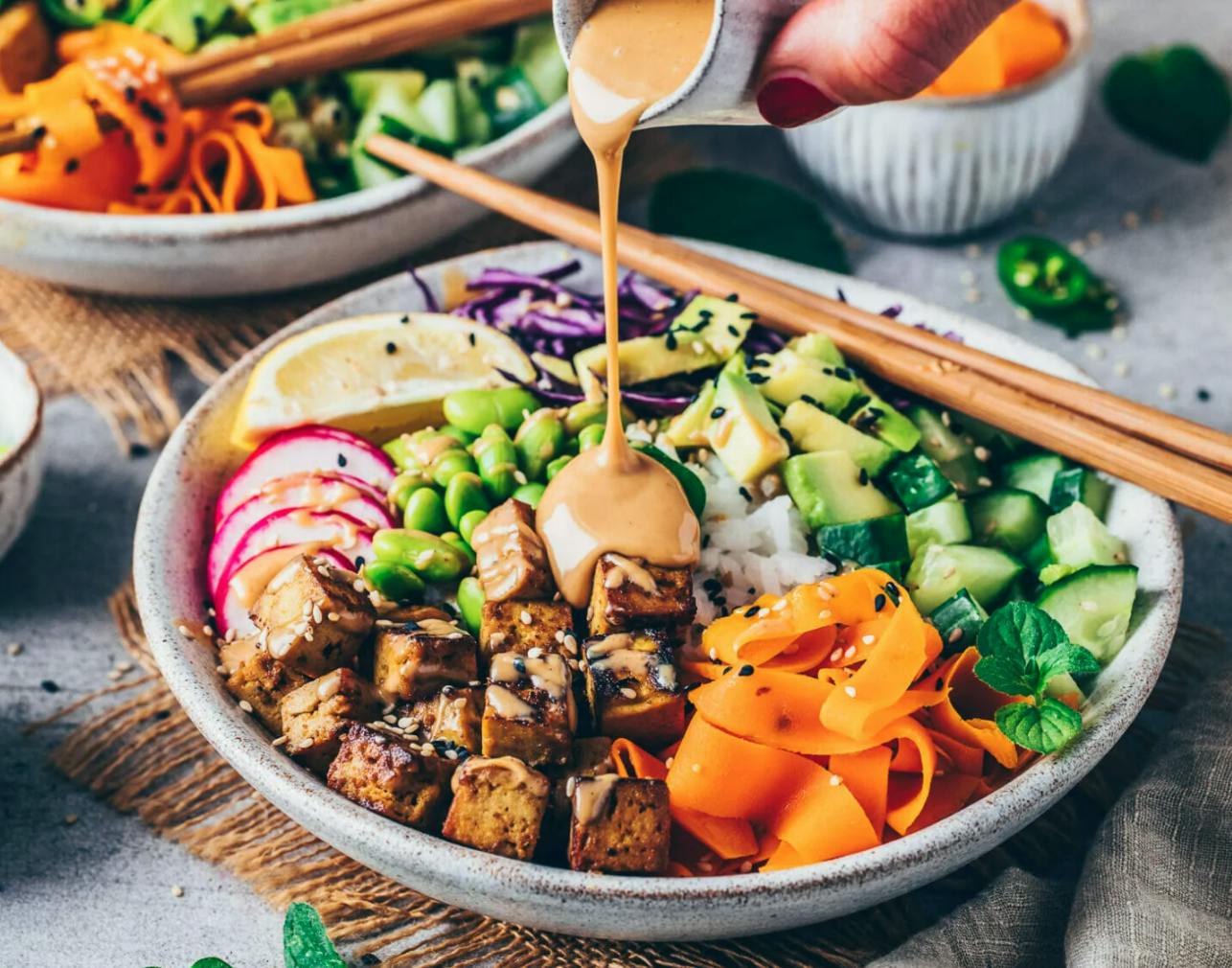 vegan poke bowl and dressing