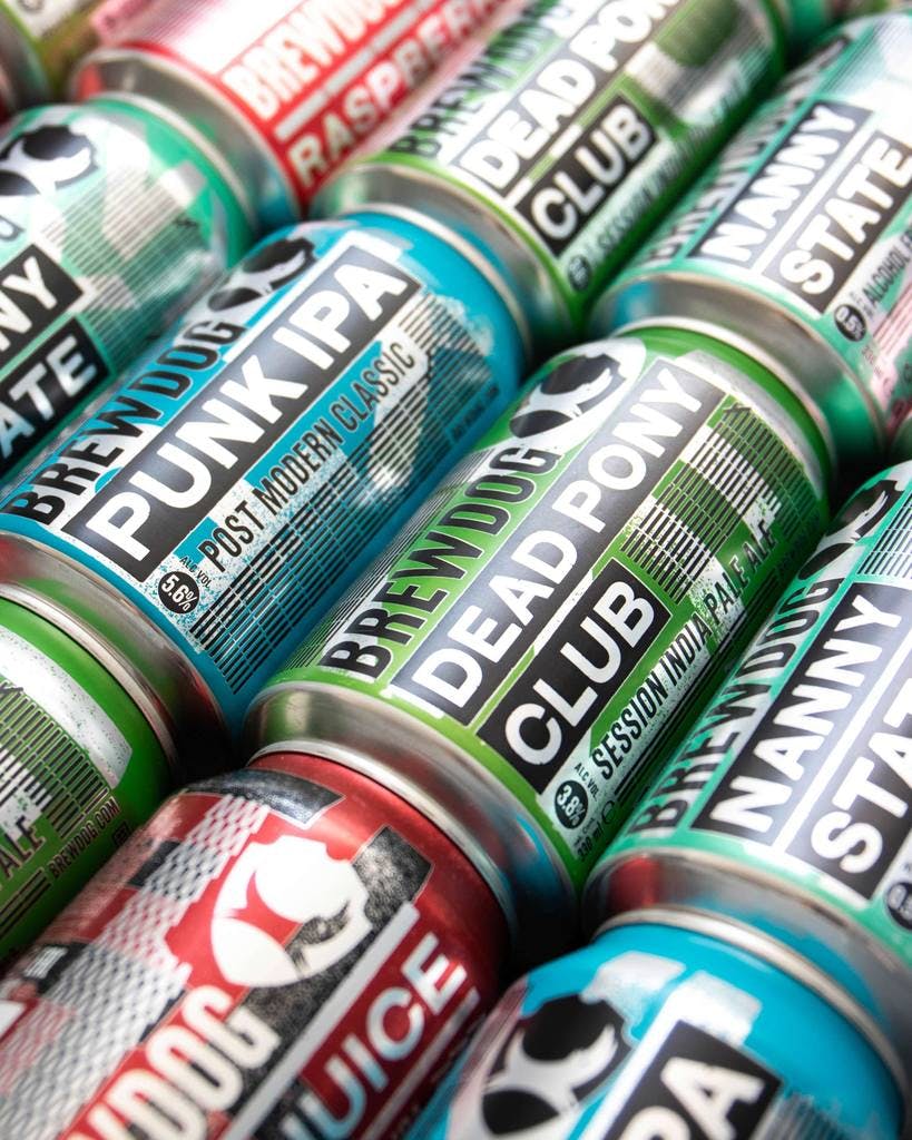 Image of cans of vegan Brewdog beers stacked together