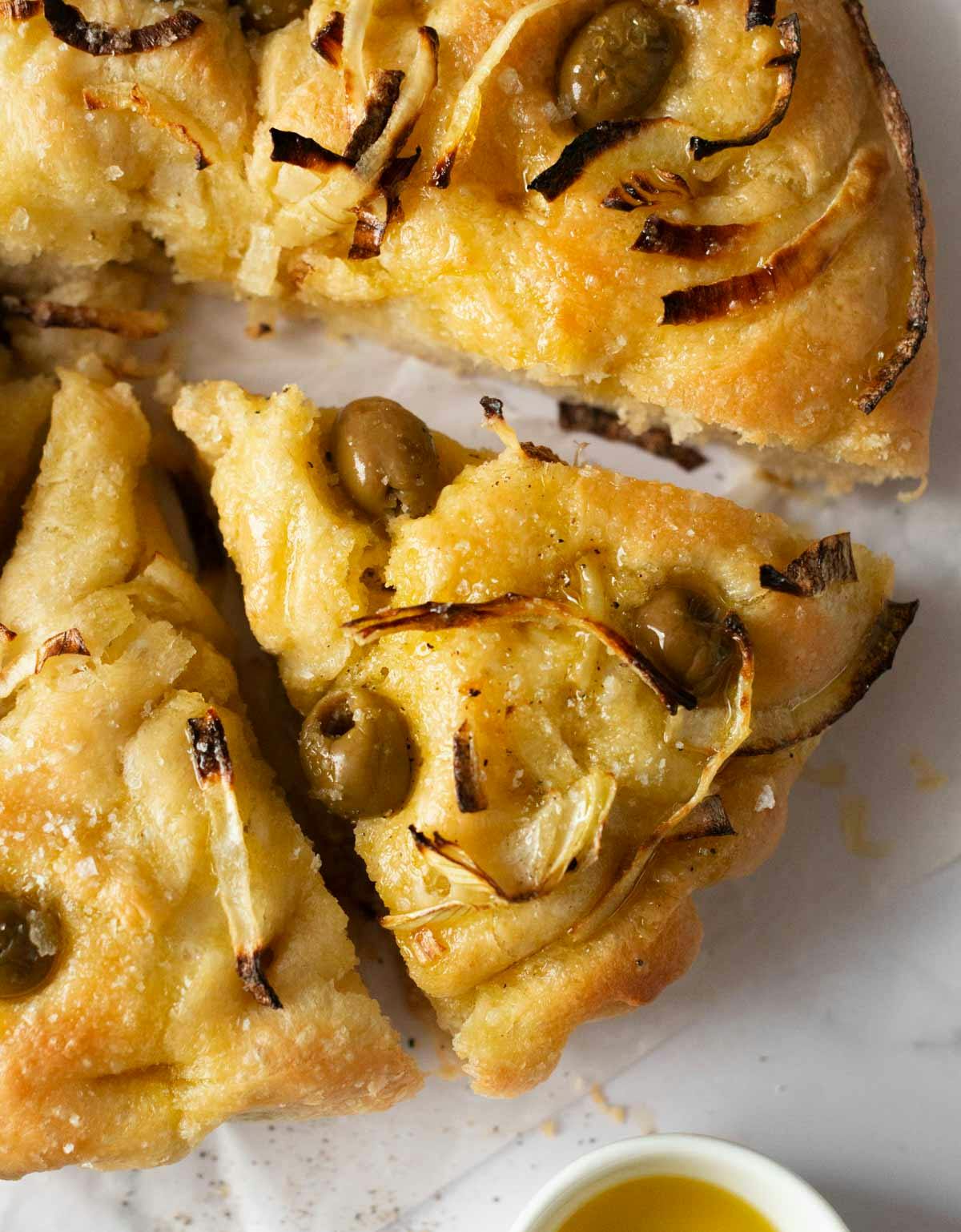 olives and red onion focaccia