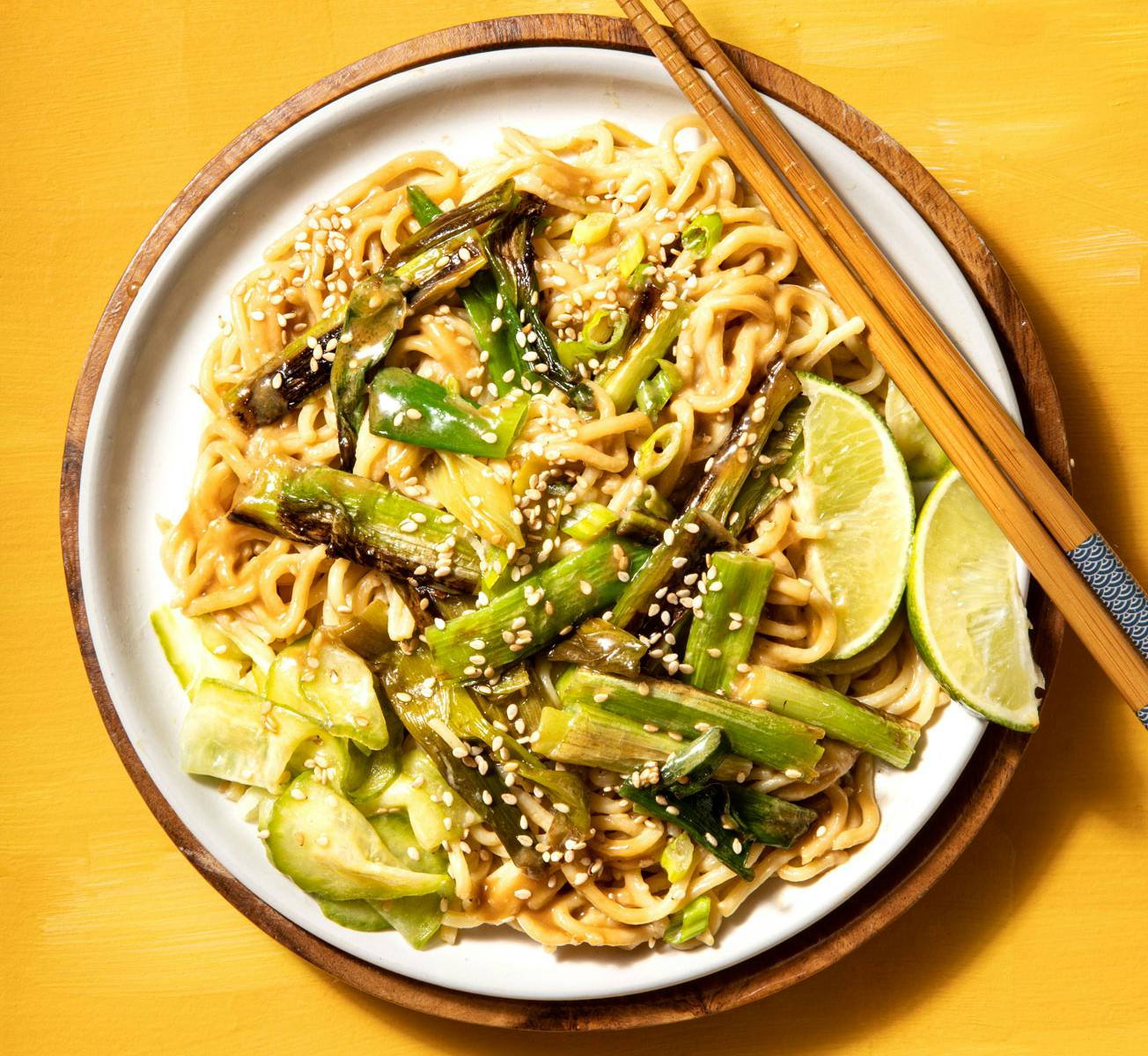 Charred spring onions and sesame noodles