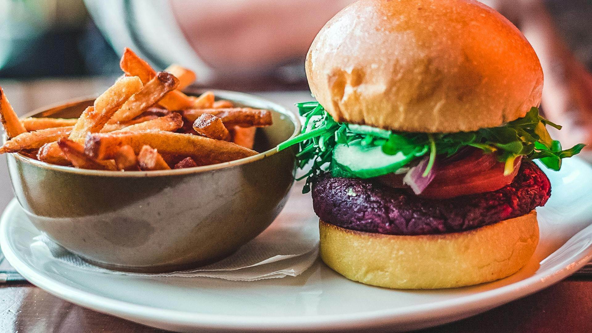vegan burger and sweet potato fries