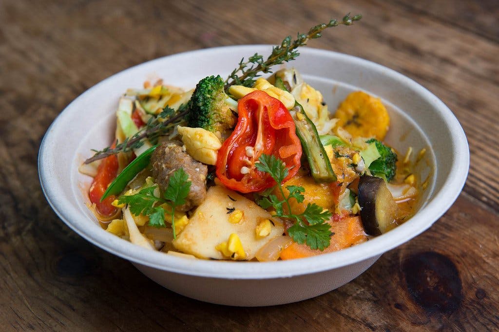 Bowl of brightly coloured vegan food