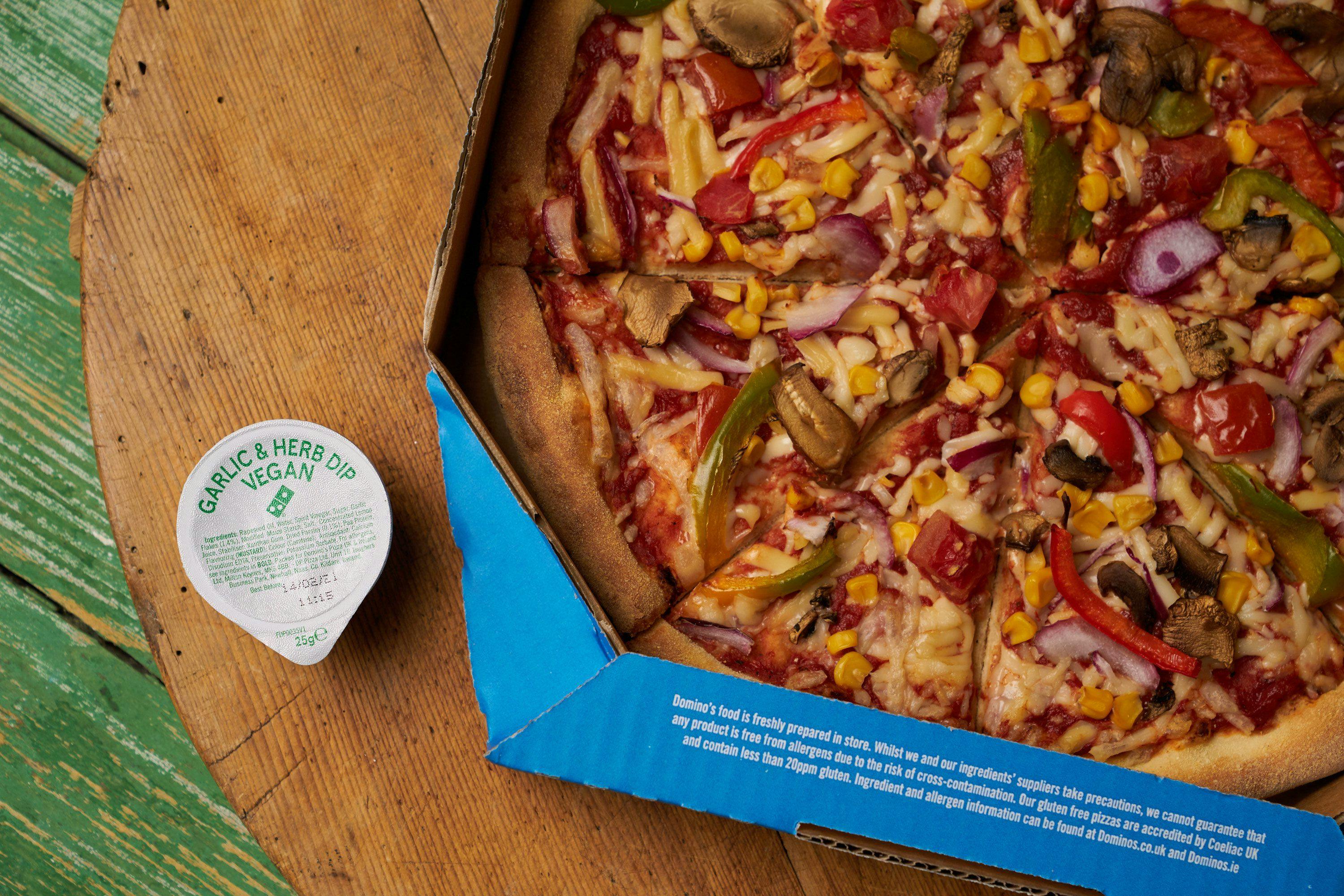 vegan dominos pizza box with garlic dip