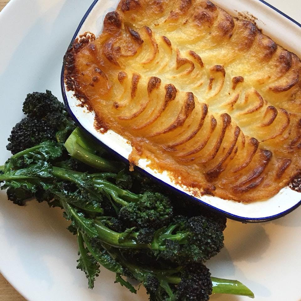 pie and greens on plate from Duke of Cambridge