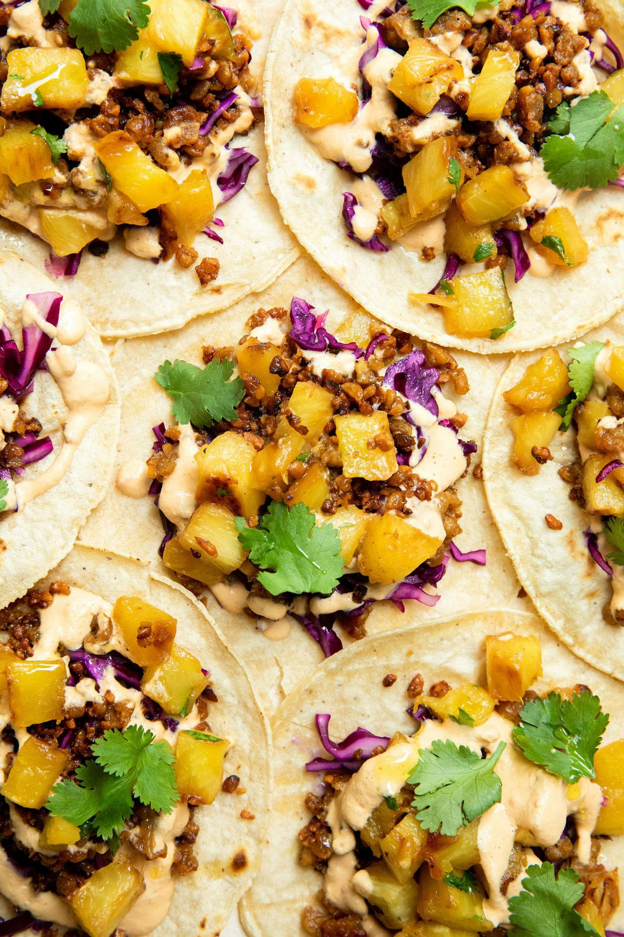 tempeh tacos layered next to each other