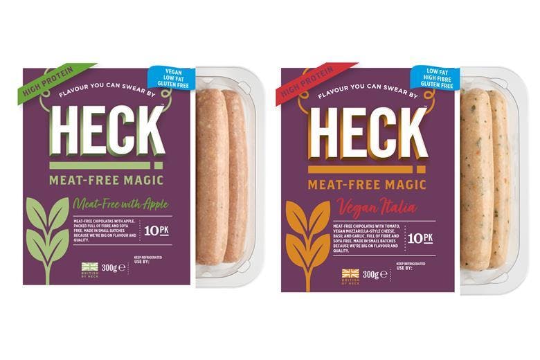 2 packs of heck sausages on white background 