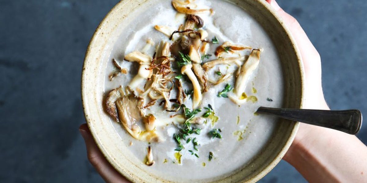 person holding bowl of creamy mushroom soup