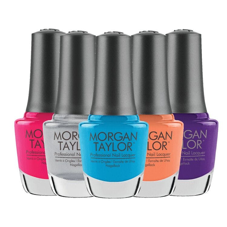 five different coloured Morgan Taylor polishes